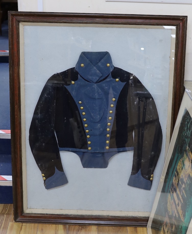 A rare Dart and Erme Yeoman Cavalry felt tunic, c.1822-28, mounted with gilt buttons D & E over Y C, framed and glazed